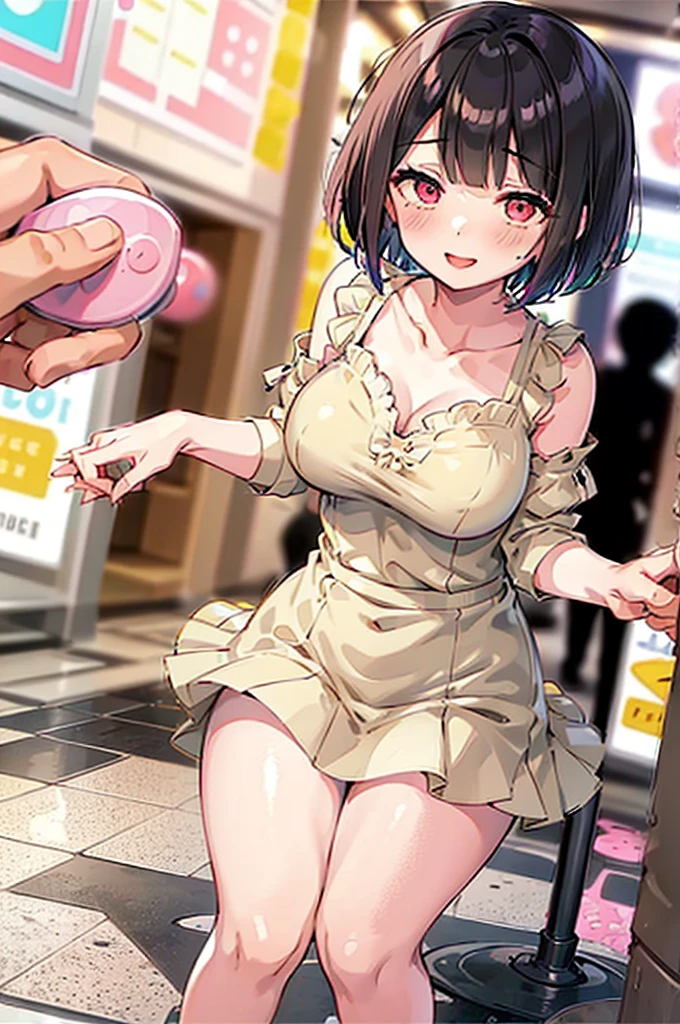 4K，One Girl, MS. end，thin，Very short stature，Very thin thighs，Blunt bangs，Short dress shirt, Half sleeves，Red Suspender Mini Skirt，blush, smile, Bobcut, Black Hair，Vibrant colors, ahegao，A lot of love juice drips down her thighs onto the floor，(remote_play))，remote-vibrating-egg，((Someone else's hand holding a pink round remote control:1.3))、Ecstatic expression，Accurate and detailed female fingers，nsfw,blush