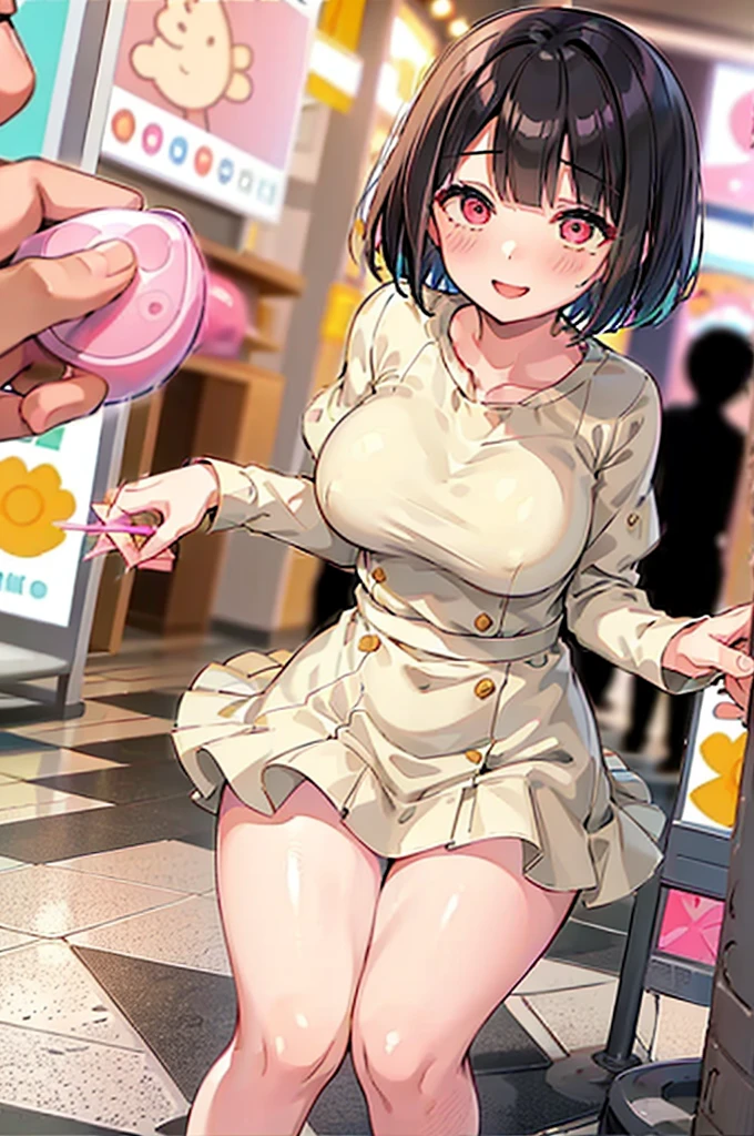 4K,One Girl, MS. end,thin,Very short stature,Very thin thighs,Blunt bangs,Short dress shirt, Half sleeves,Red Suspender Mini Skirt,blush, smile, Bobcut, Black Hair,Vibrant colors, ahegao,A lot of love juice drips down her thighs onto the floor,(remote_play)),remote-vibrating-egg,((Someone else's hand holding a pink round remote control:1.3))、Ecstatic expression,Accurate and detailed female fingers,nsfw,blush