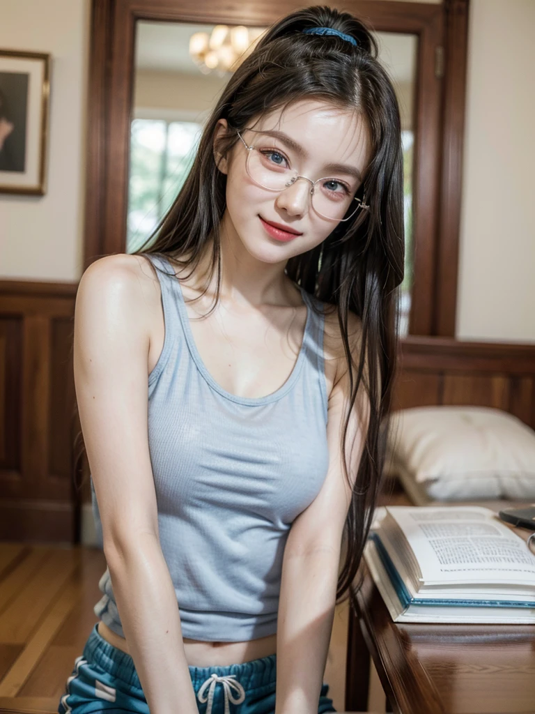 ((Best quality, masterpiece, detailed)), (RAW, 4k, hd images), shy, 1 girl, 20 years old, white skin, long hair, ponytail, layers hair, bangs, black hair, beautiful girl, cute girl, sweet girl, pretty girl, perfect girl, perfect eyes, pretty eyes, blue eyes, thin lips, thin, (eye line, lip stick soft) perfect , glasses(detailed frame), indoors, smile, thogh, sport tank top, short pants