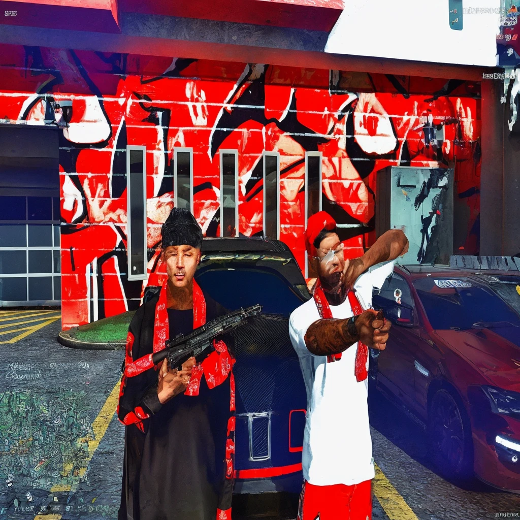 there are two men standing next to a car with a gun, gta artstyle, gta5 style, gta chinatowon art style, gta style, grand theft auto style, gta art, gta art style, gta 6 style, style of gta v artworks, gta in moscow, gta v street style, style of gta v, gta v style