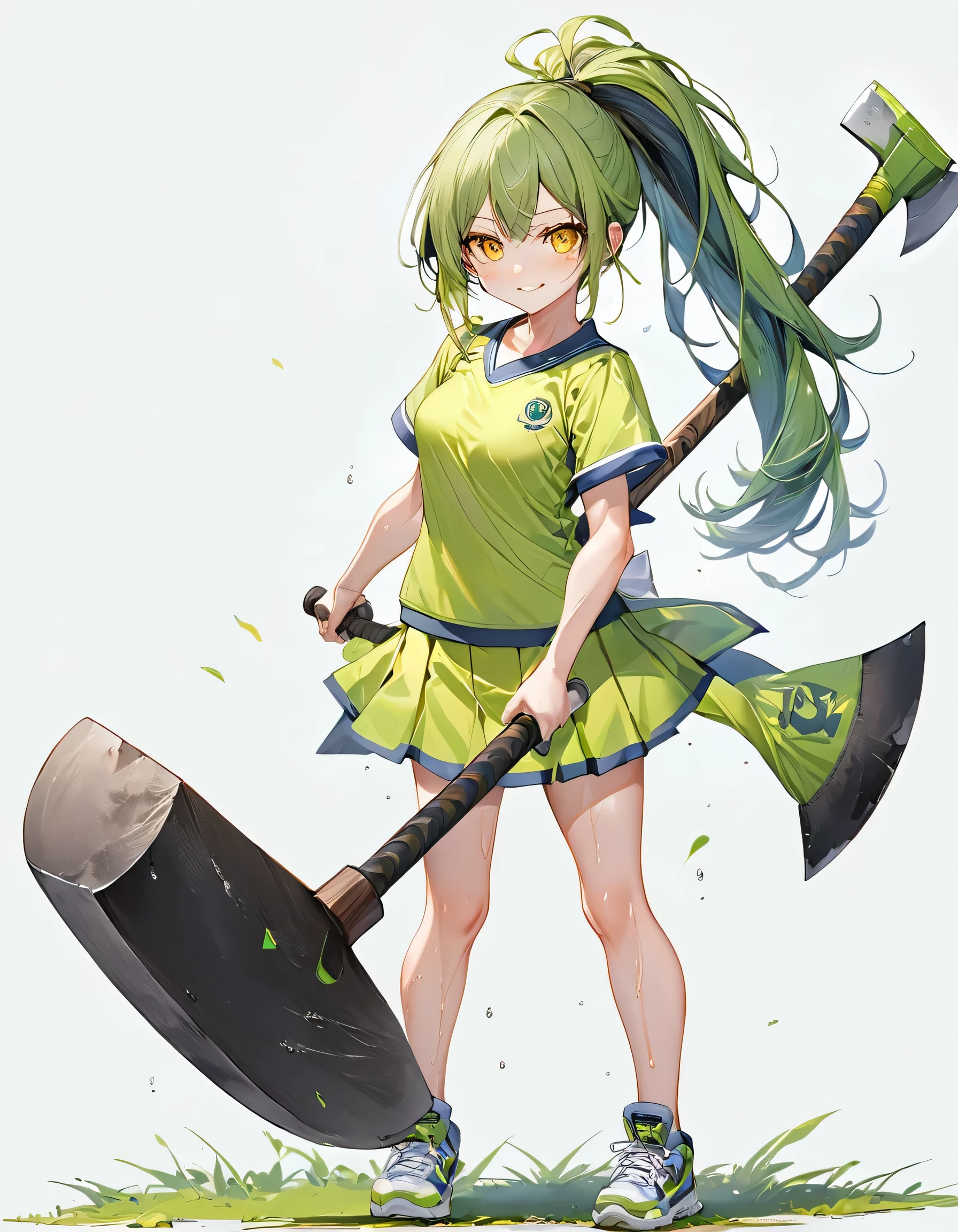 (axe Training style) (both hands holding a detailed big axe), full body (15 yo, solo ponytail green hair long hair cute axe fighter girl, serious yellow eyes, sweaty;1.2 skin, soft smile), (in a summer training uniform), break, (in the battle training field), BREAK, perfect anatomy, masterpiece, best quality, 16k, beautiful detailed grow, daydreaming expression.