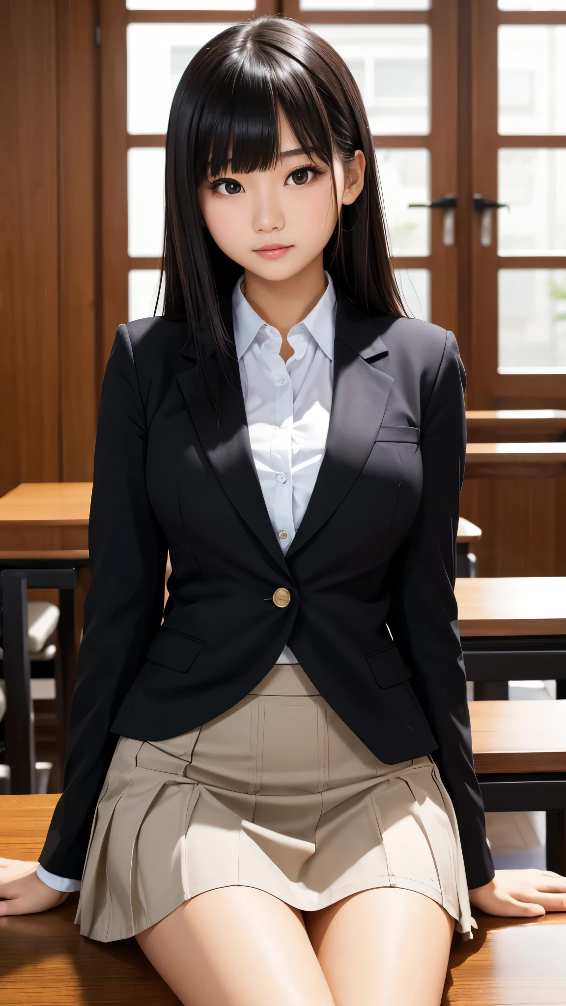 ((high quality)), ((Tabletop)), (Detailed face), (highlight),　Asian Girl、Big breasts、thigh、Black Hair、Heavy bangs、high school girl、skirt、blazer、