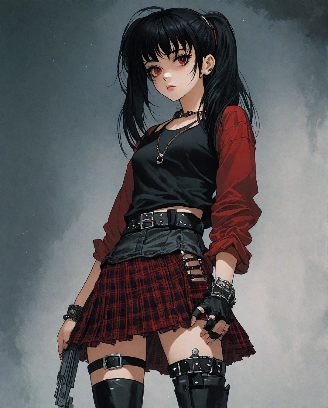 Flat-colored still of a photo of a High resolution, full detailed, better image quality, Believe me a beautiful goth girl, who has black hair with Half-sided bangs painted dark red, with a short t-shirt, with a black and red plaid skirt, with black boots, with a punk style bracelet, and the punk style belt, full body, on a foggy night street.,... anime girl from a 80s Anime portrayed by hajime sorayama, looking away from the viewer, solemn expression