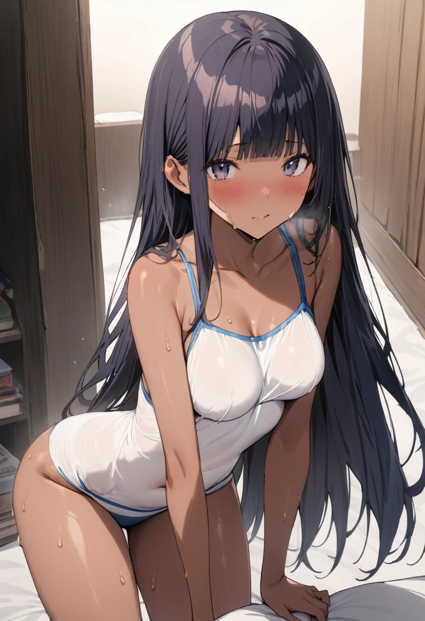 (((masterpiece, Highest quality:1.5,absurdres))),25 year old beauty,(dark blue hair),((very small head:1.2)),long hair,bangs,dark blue eyes,gorgeous eyes,blush、in heat,medium breasts,((very long body:1.2)),((toned body,slender body)),skinny,((tan skin:1.2)),gleaming skin,shiny skin,sweat,((Navy blue camisole、Underboob、navel、Navy blue pleated mini skirt、Flip-up skirt、Navy blue panties、Love juice、),squatting,spread legs:1.3,library、Tokyo、