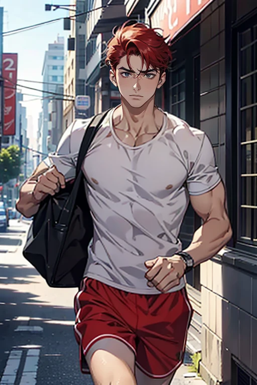 A handsome man, his face red with embarrassment, is made to run down the street in just his boxer shorts.
