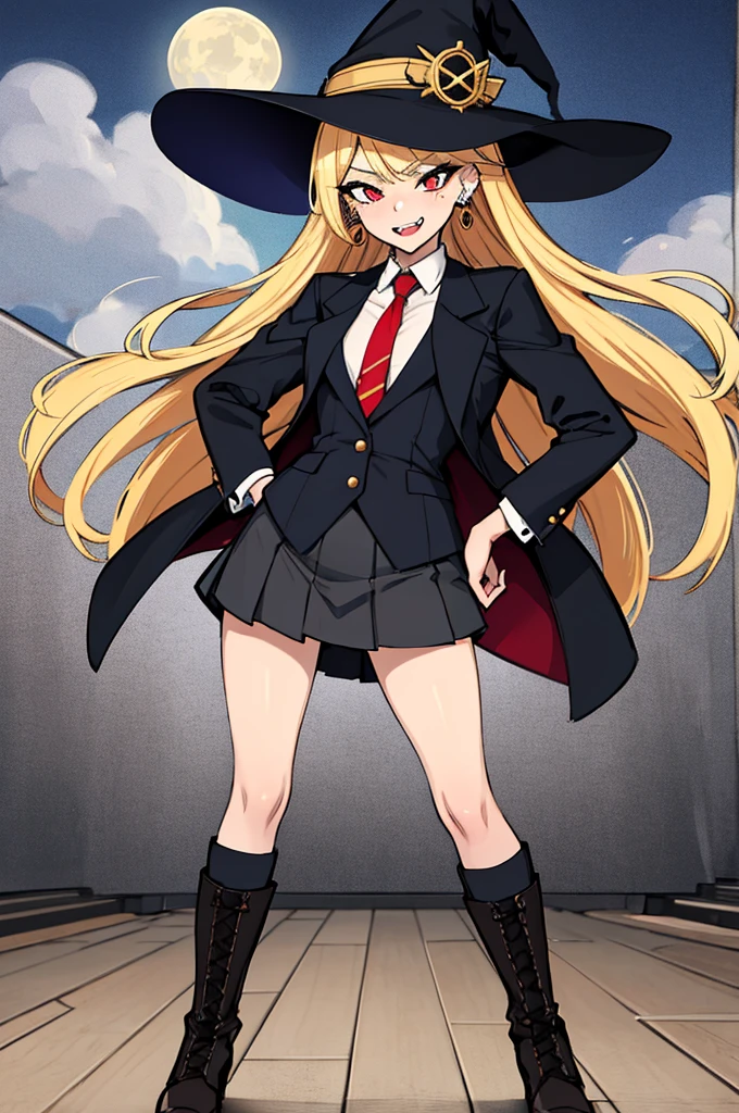 (absurdres, 8k, 4k, masterpiece, hyper extreme detailed:1.2), solo, perfect anatomy, cowboy shot, 1girl, front view, perfect face, 1girl, portrait, standing, adult, adult female, mature, Female, Mature Female, very long hair, 8k uhd, 1girl, slender, cowboy shot, standing, full body, front view, red tie, night sky, moon, stockings, big witch hat, witch, blonde hair, piercings, earrings, detailed eyes, expressive eyes, colorful pupils, blazer, skirt, fang tooth, red eyes, earrings, hand on hip, flat chest, looking forward, front view, messy hair, wind, windy, moving hair, moving clothes, swept bangs, mature body, gyaru, crazy face, crazy eyes, crazy smile, smug, colorful clothing, groan, military boots, perfect legs, reasonable height,
