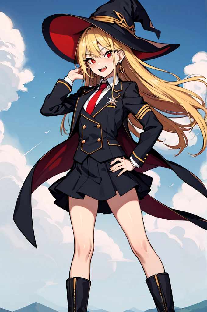 (absurdres, 8k, 4k, masterpiece, hyper extreme detailed:1.2), solo, perfect anatomy, cowboy shot, 1girl, front view, perfect face, 1girl, portrait, standing, adult, adult female, mature, Female, Mature Female, very long hair, 8k uhd, 1girl, slender, cowboy shot, standing, full body, front view, red tie, night sky, moon, stockings, big witch hat, witch, blonde hair, piercings, earrings, detailed eyes, expressive eyes, colorful pupils, blazer, skirt, fang tooth, red eyes, earrings, hand on hip, flat chest, looking forward, front view, messy hair, wind, windy, moving hair, moving clothes, swept bangs, mature body, gyaru, crazy face, crazy eyes, crazy smile, smug, colorful clothing, groan, military boots, perfect legs, reasonable height,