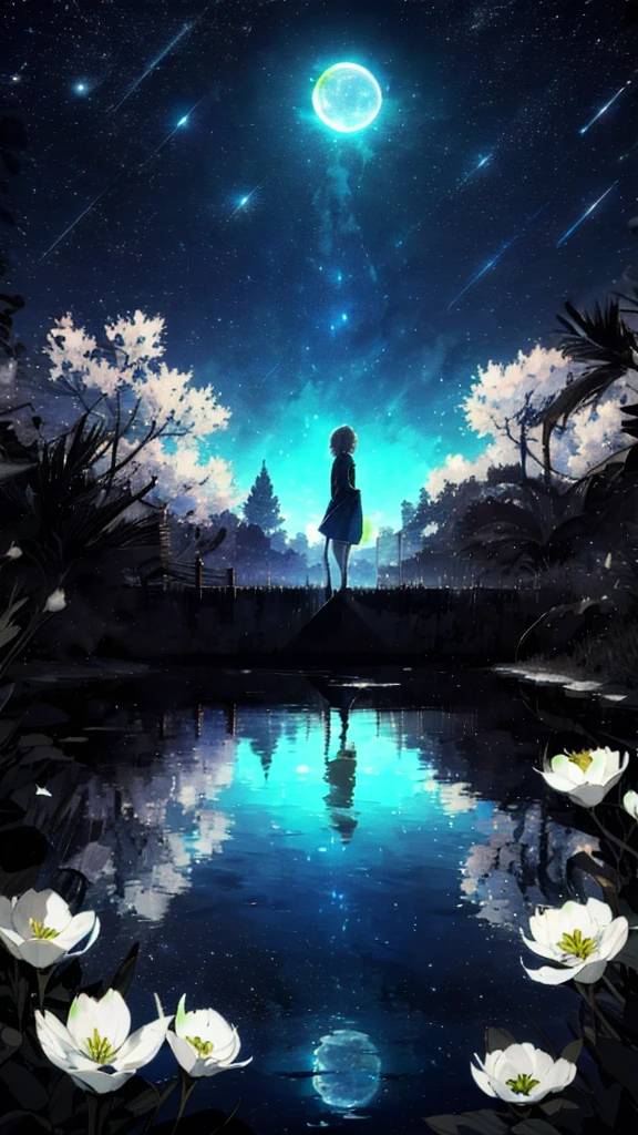 A girl, Solitary, Stand on the water, Reflective surface, , Cat ear, (poster:0.76), (Palm leaves), White flowers, (Blue light glow:1.2), night, Dark theme, Starry Sky, dream,moonlight