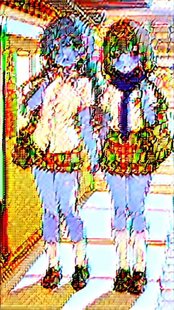 long hair, looking at viewer, blush, smile, open mouth, bangs, blue eyes, multiple girls, skirt, brown hair, shirt, black hair, short sleeves, bow, brown eyes,  long hair, standing, white polo shirt, pleated skirt, outdoors, , shoes, day, socks, striped, collared shirt, hand up, 3girls, bag, scarf, plaid, kneehighs, nose blush, plaid skirt, brown footwear, flying sweatdrops, loafers, grey skirt, school bag, diagonal stripes, train station