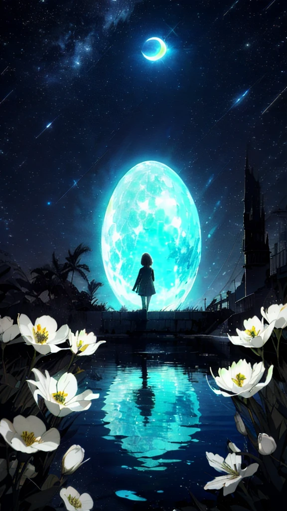 A girl, Solitary, Stand on the water, Reflective surface, , Cat ear, (poster:0.76), (Palm leaves), White flowers, (Blue light glow:1.2), night, Dark theme, Starry Sky, dream,moonlight