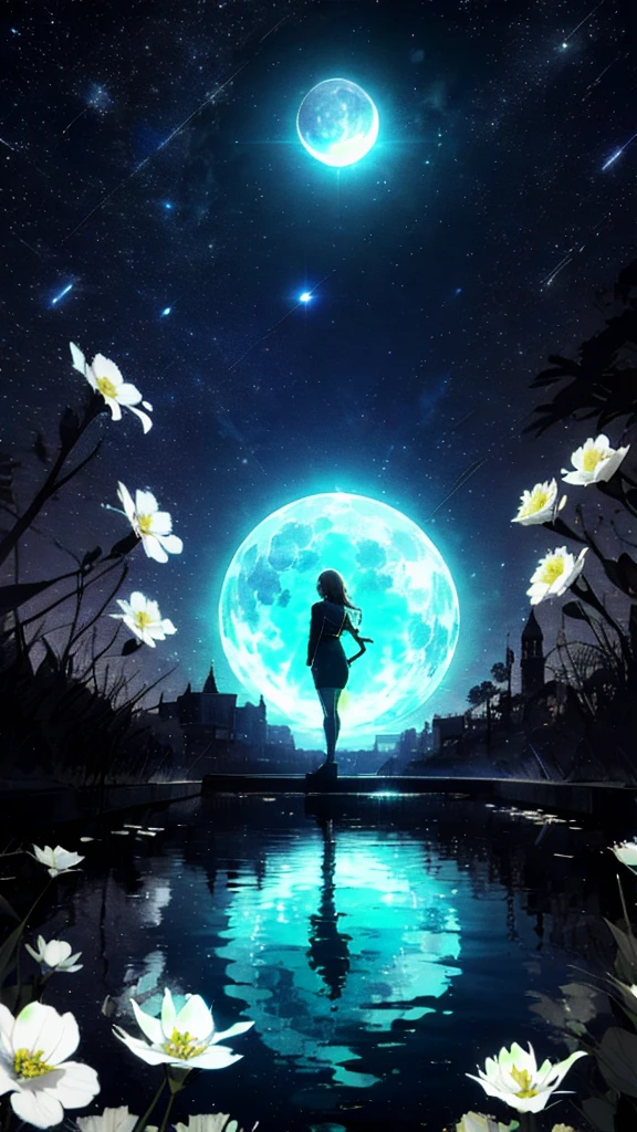 A girl, Solitary, Stand on the water, Reflective surface, , Cat ear, (poster:0.76), (Palm leaves),  White flowers, (Blue light glow:1.2), night, Dark theme, Starry Sky, dream，moonlight