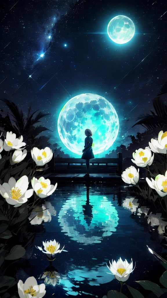 A girl, Solitary, Stand on the water, Reflective surface, , Cat ear, (poster:0.76), (Palm leaves), White flowers, (Blue light glow:1.2), night, Dark theme, Starry Sky, dream,moonlight
