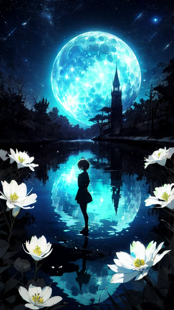 A girl, Solitary, Stand on the water, Reflective surface, , Cat ear, (poster:0.76), (Palm leaves), White flowers, (Blue light glow:1.2), night, Dark theme, Starry Sky, dream,moonlight