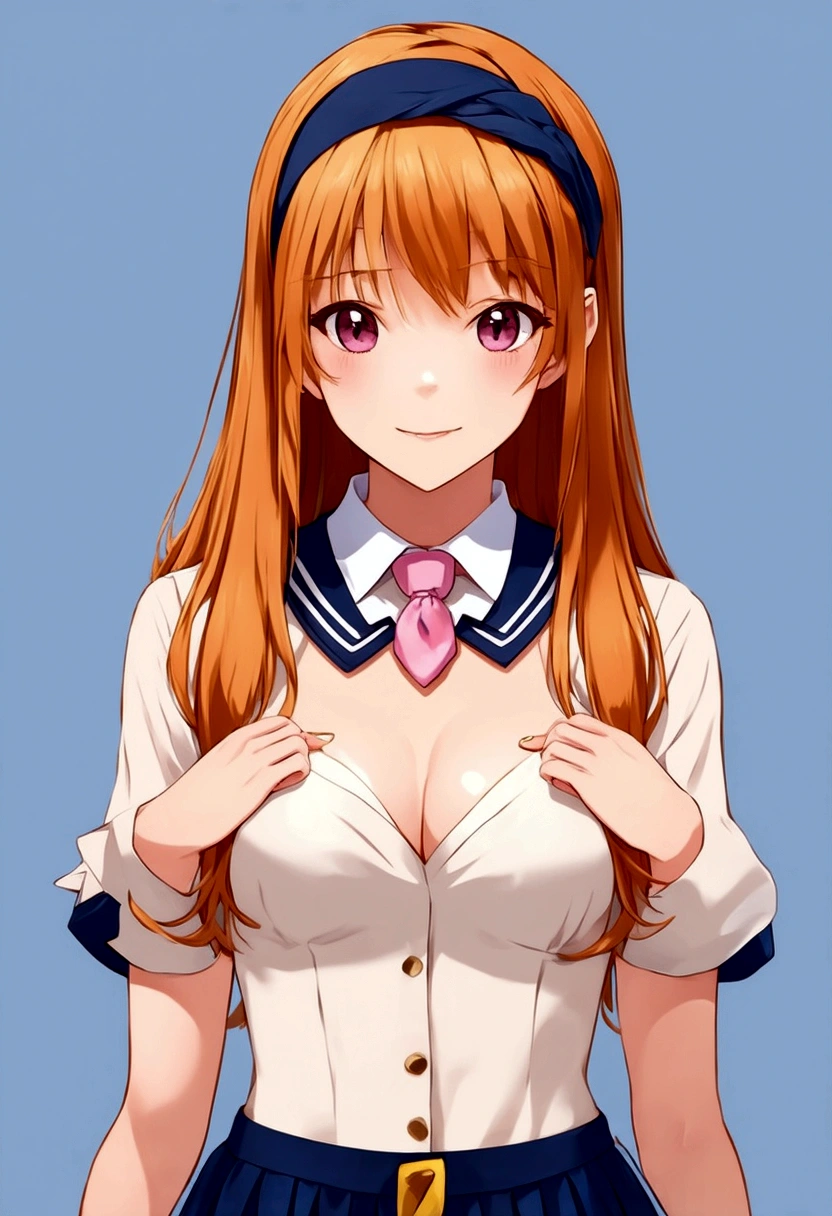 beautiful girl, she has long ginger hair, she has an headband, school girl, big , normal pink , little , short ,  , titsfuck, short  between her , fix fingers, perfect fingers