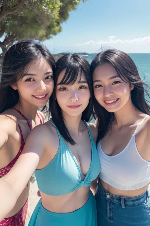 Three smiling girls, Summer Sea, Blowing in the wind for a long time [Blue-black:.3] hair,View Audience, (masterpiece:1.3), (8K, Realistic, RAW Photos, Highest quality: 1.4), Japanese, (One Girl), Beautiful Face, (Realistic Face), beautiful hairstyle, Realistic eyes, Beautiful details, (Realistic Skin), Beautiful Skin, charm, Ultra-high resolution, Ultra-realistic, Very detailed, (Selfie:1.2), (scenery:1.2)