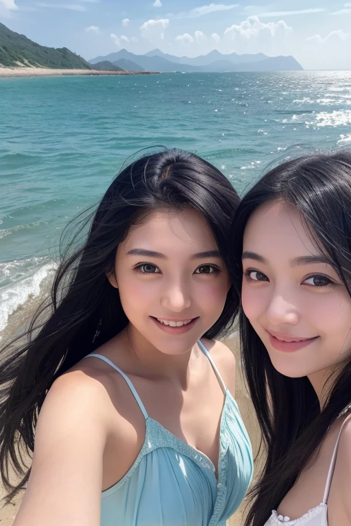 Three smiling girls, Summer Sea, Blowing in the wind for a long time [Blue-black:.3] hair,View Audience, (masterpiece:1.3), (8K, Realistic, RAW Photos, Highest quality: 1.4), Japanese, (One Girl), Beautiful Face, (Realistic Face), beautiful hairstyle, Realistic eyes, Beautiful details, (Realistic Skin), Beautiful Skin, charm, Ultra-high resolution, Ultra-realistic, Very detailed, (Selfie:1.2), (scenery:1.2)