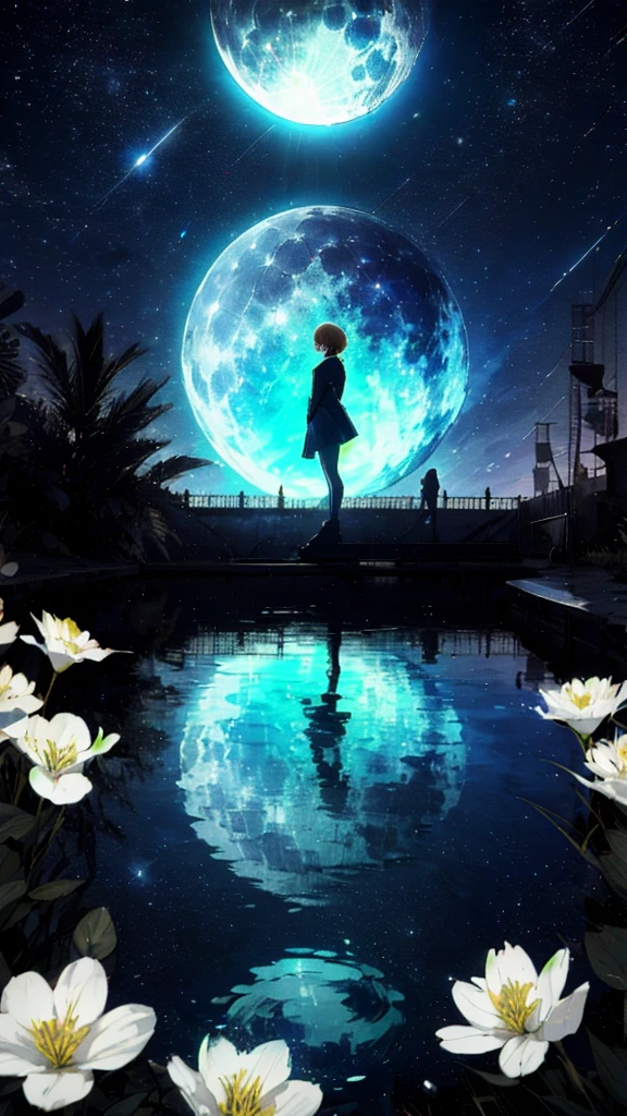 A girl, Solitary, Stand on the water, Reflective surface, , Cat ear, (poster:0.76), (Palm leaves),  White flowers, (Blue light glow:1.2), night, Dark theme, Starry Sky, dream，moonlight