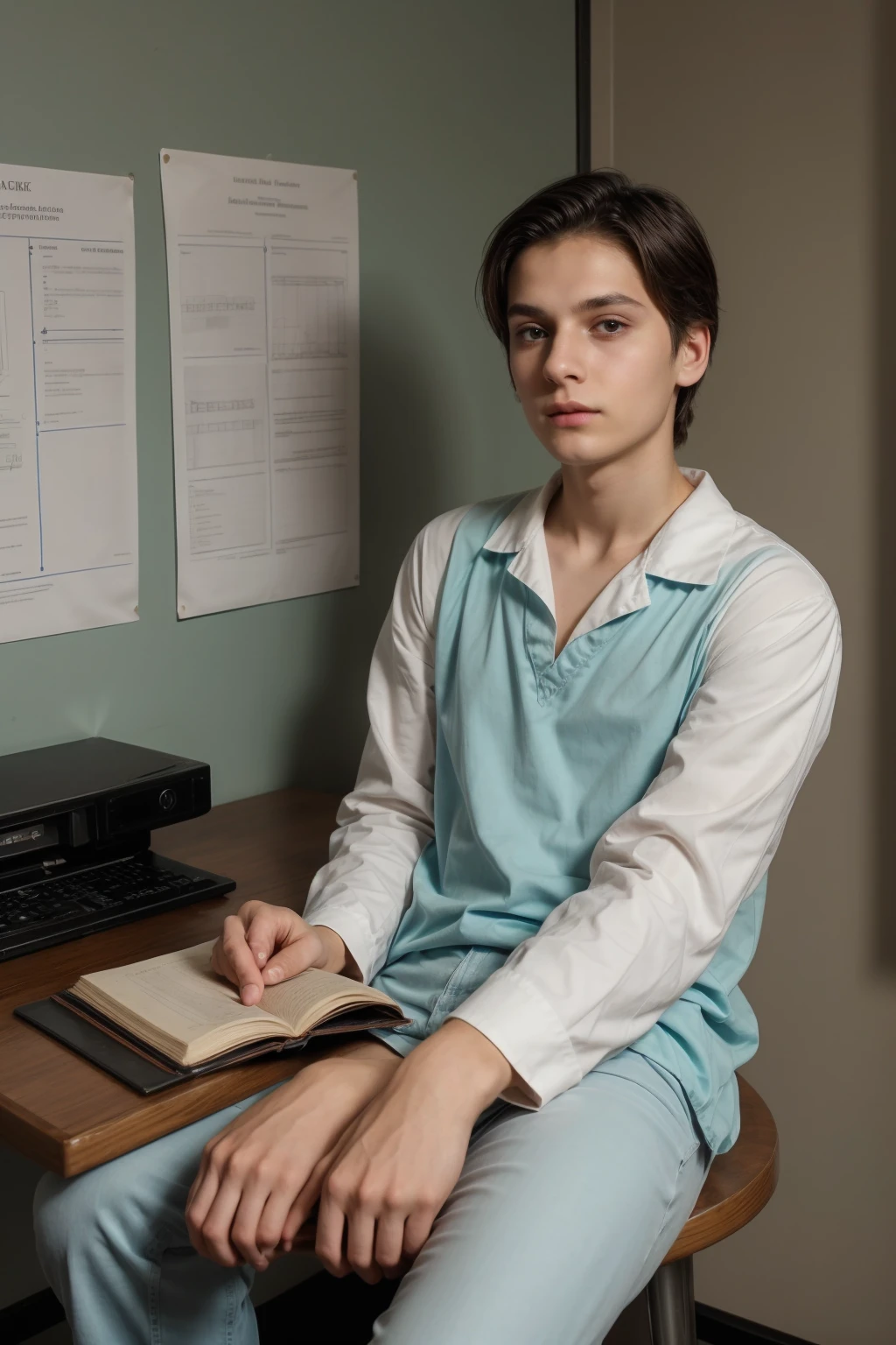 A beautiful young male twink with black hair and a white face with makeup. He is wearing a long-sleeved shirt with a tight white collar and tight aquamarine cotton pants. He is sitting in his office, writing with a huge scientific book, and behind him is a blackboard on which are written the shape of the brain and its anatomy.