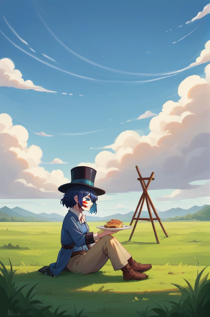 a result_9, a result_8_higher, a result_7_higher, 1girl, Single, NSWeresheepMGE, Blue eyes, Medium hair, Sharp explosions,  , ears , Art studio background, He holds a plate, blue top hat, facepaint, painting, Looking at the scenery, blue hair, clear sky and clouds, sitting in the grass, sleepy