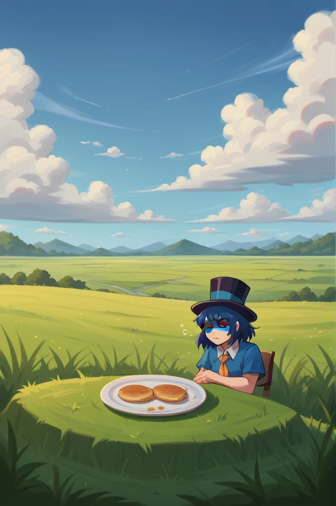 a result_9, a result_8_higher, a result_7_higher, 1girl, Single, NSWeresheepMGE, Blue eyes, Medium hair, Sharp explosions,  , ears , Art studio background, He holds a plate, blue top hat, facepaint, painting, Looking at the scenery, blue hair, clear sky and clouds, sitting in the grass, sleepy