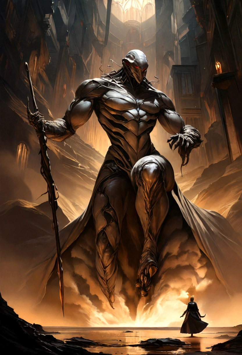Terrifying alien space monster with gold and silver skin,holding a cane with red,green,Orange and blue diamonds,futuristic,((masculine,whole body)),Art by Boris Vallejo,h.r. Giger y Julie Bell,((Ultra-hyperrealistic art,elegant,Fine arts)),((hyperdetailed,Masterpiece,32k,ultra hd.)).