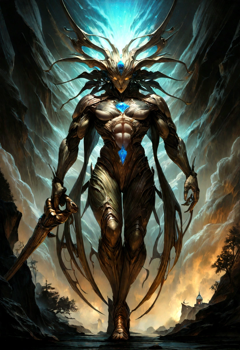 Terrifying alien space monster with gold and silver skin,holding a cane with red,green,Orange and blue diamonds,futuristic,((masculine,whole body)),Art by Boris Vallejo,h.r. Giger y Julie Bell,((Ultra-hyperrealistic art,elegant,Fine arts)),((hyperdetailed,Masterpiece,32k,ultra hd.)).