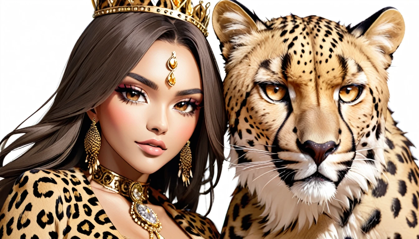Cheetah Queen,　A beautiful woman&#39;s face and a cheetah&#39;s body、Photography, Realistic, detailed, 