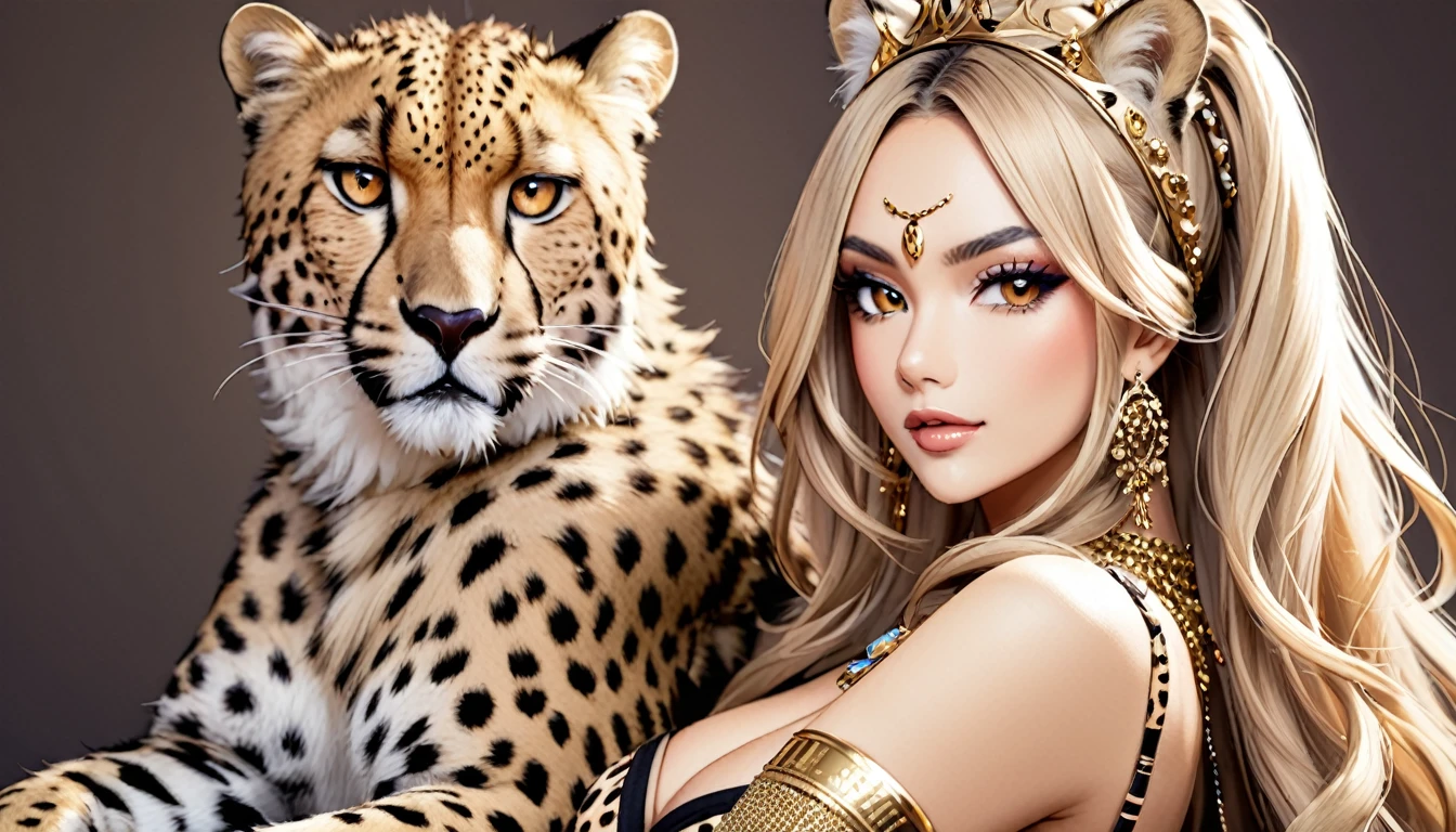 Cheetah Queen,　A beautiful woman&#39;s face and a cheetah&#39;s body、Similar to the Sphinx、Photography, Realistic, detailed, 
