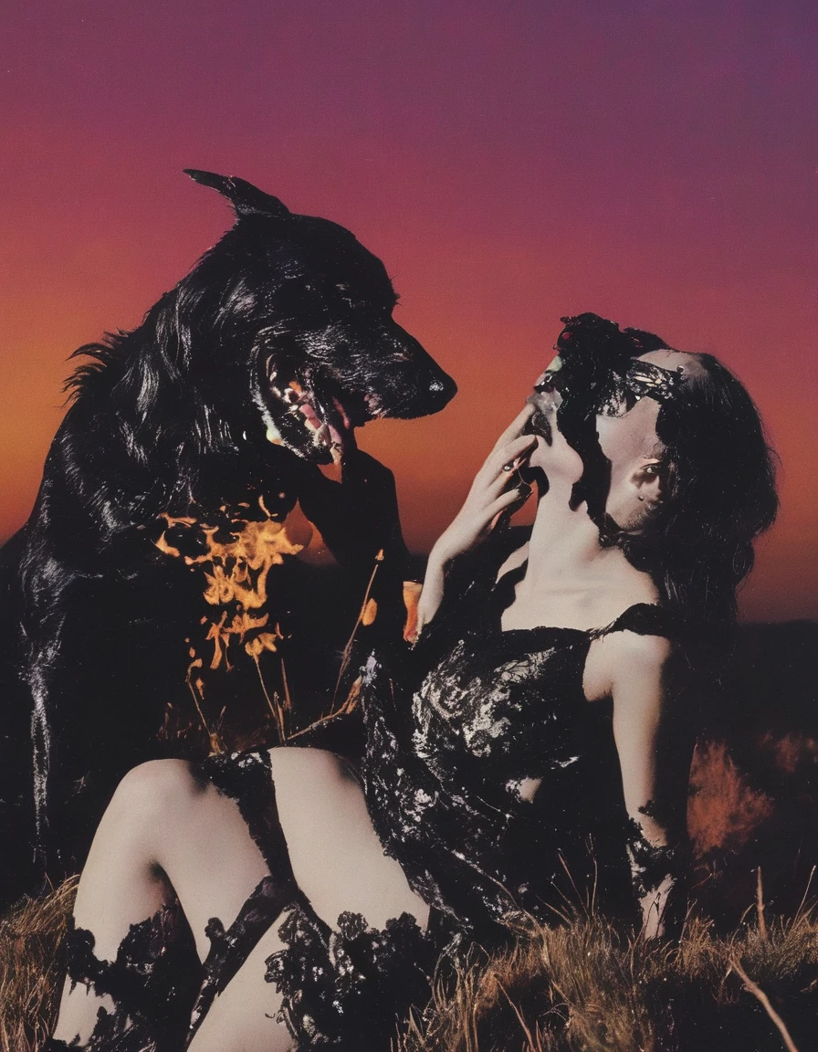 film photography, vintage, fashion shoot of horror, sunrise background