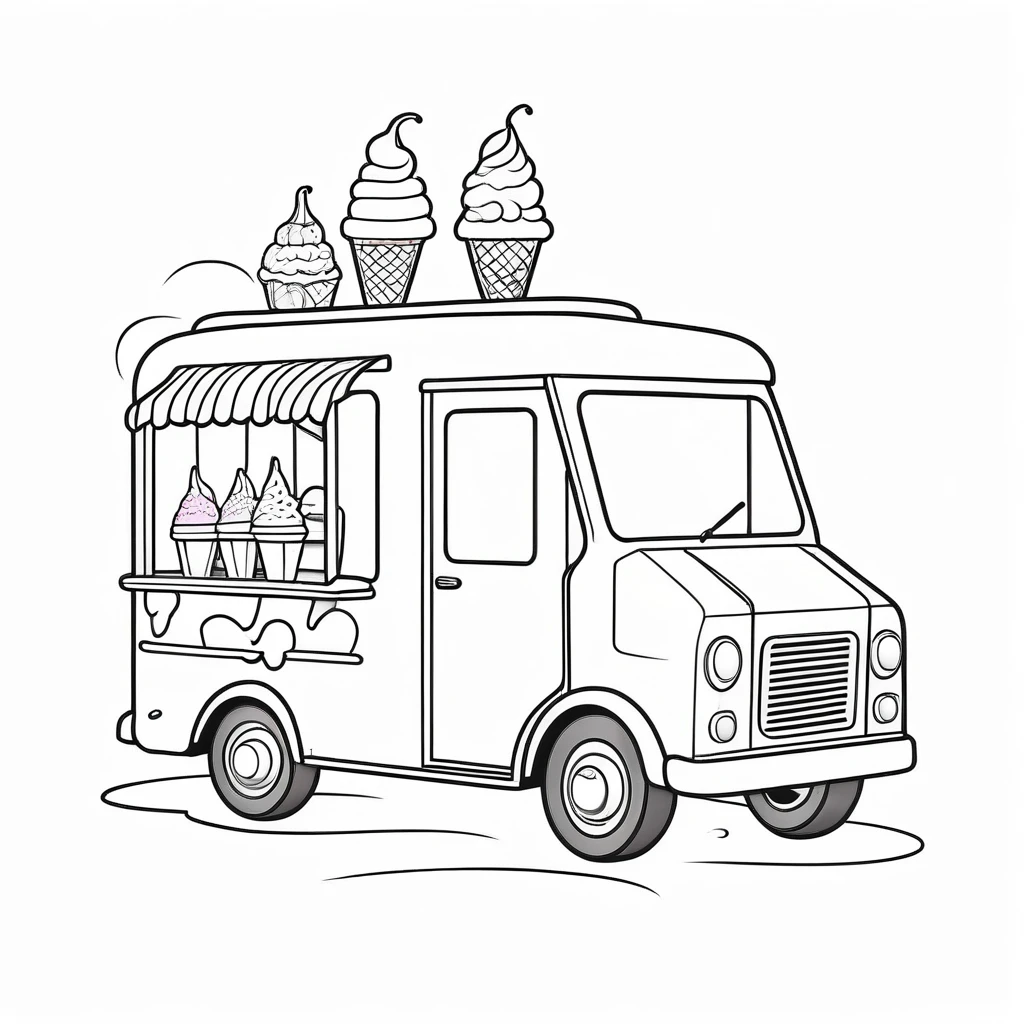 Cute ice cream truck, coloring page for kids, happy, smiling, vector art, minimalistic, vector 2d, black lines white background, coloring page for beginners, vector illustration, pencil strokes, no color, drawing for coloring, white background, pixar style, black and white