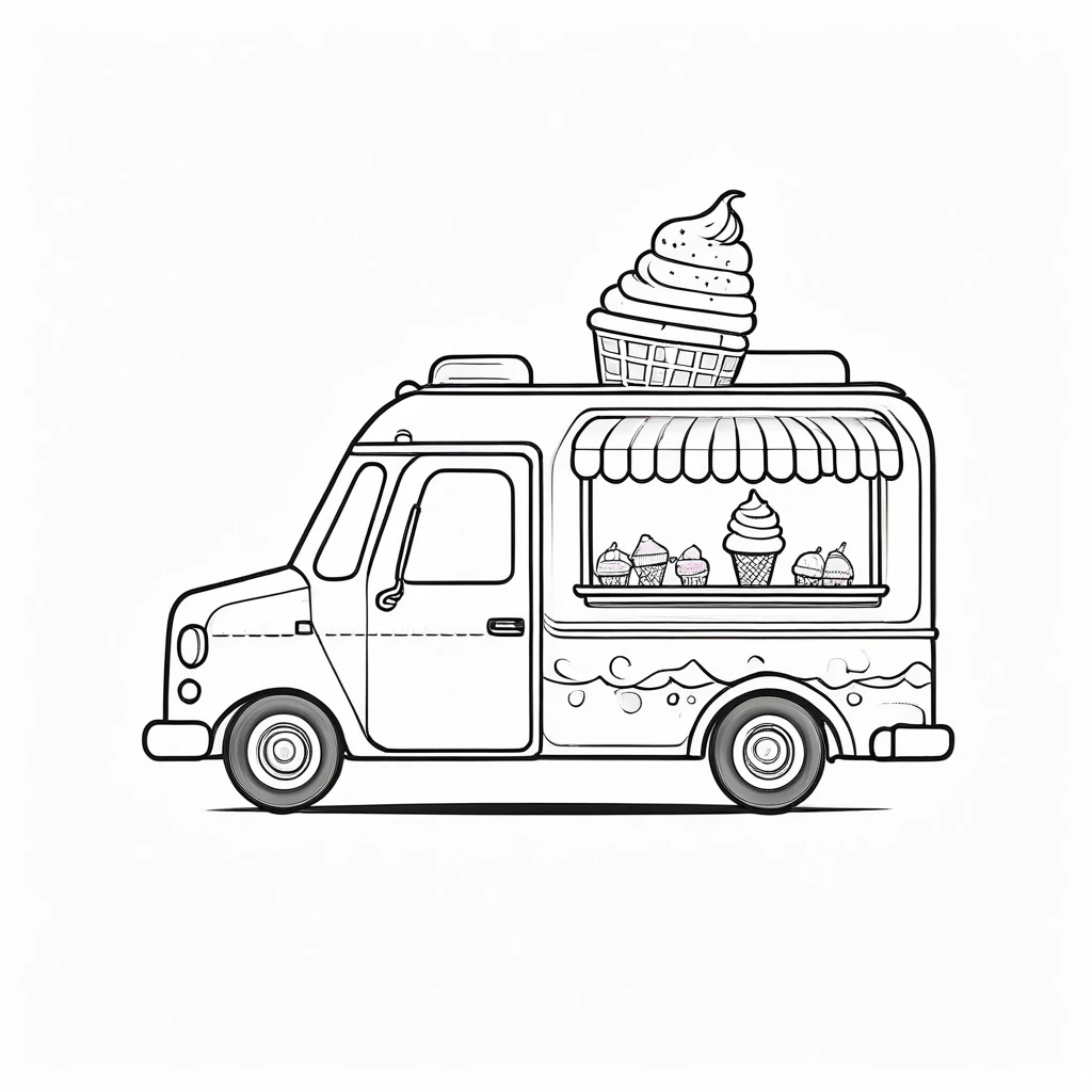 Cute ice cream truck, coloring page for kids, happy, smiling, vector art, minimalistic, vector 2d, black lines white background, coloring page for beginners, vector illustration, pencil strokes, no color, drawing for coloring, white background, pixar style, black and white