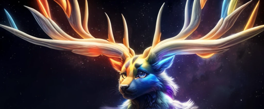 (4k, masterpiece,best quality,ultra-detailed,realistic:1.37), (solo), (A furry cosmic goddess), (anthro calico cat), (cat snout), (antlers), (nude), (detailed face), (detailed eyes), (detailed lips), (long eyelashes), (rainbow colored fur), (glowing fur), (intricate details), (detailed fur), (cosmic fur), (glowing stars), (embarrassed expression), (shy expression)