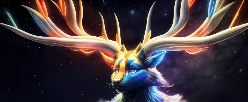 (4k, masterpiece,best quality,ultra-detailed,realistic:1.37), (solo), (A furry cosmic goddess), (anthro calico cat), (cat snout), (antlers), (nude), (detailed face), (detailed eyes), (detailed lips), (long eyelashes), (rainbow colored fur), (glowing fur), (intricate details), (detailed fur), (cosmic fur), (glowing stars), (embarrassed expression), (shy expression)