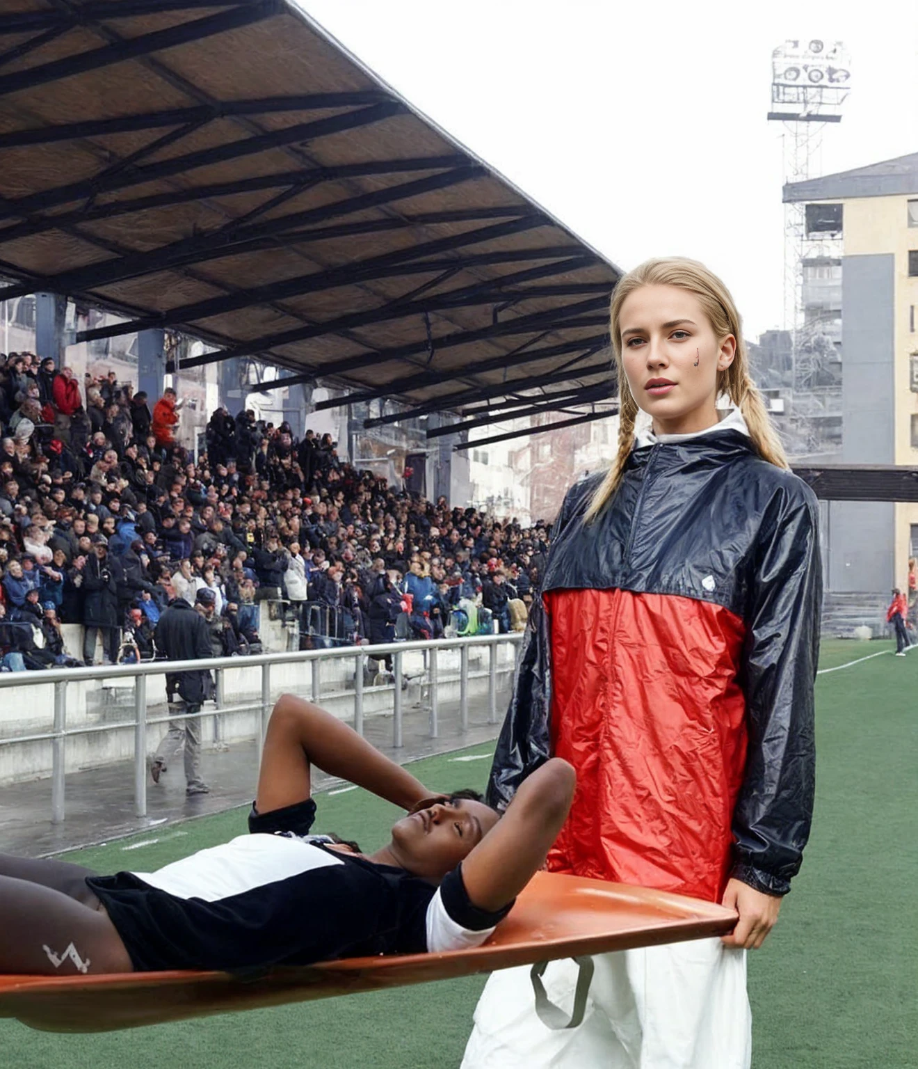 📷, soccer accident, sports injury, soccer match in a crowded stadium, injury scene, there is a sportsman in matte cotton sportswear lying injured on a stretcher, there is an injured sportsman in matte cotton sportswear lying on his side on a stretcher with a bandaged ellbow, an injured sportsman  in matte cotton sportswear is lying on his side on a strecher being carried by an extrovert blond woman in a high shine long moncler coat, an injured sportsman is writhing in ecstasy on a stretcher while lying on his side, dramatic pity pose, there is a blond shouting and crying woman in a high-shine puffy coat, a high-shine black down coat, a long black moncler coat, a wetlook down coat, a wet black laquered coat, a excited screaming blond woman is wearing a wetlook black latex-coat, injured, medic, soccer action pose, affection pose, lecherous action pose, dramatic action pose, theatralic pose, there is an attractive woman that is carrying a sportsman in matte cotton sportswear, there is a beautiful woman in a shiny coat who is carrying a man on a stretcher, a longhaired beautiful woman in a high-shine black puffy coat, a longhaired woman in a shiny downcoat, a woman is carrying a shorthaired man  in matte cotton sportswear on a stretcher, a weak man in spots shorts is consciousless and needs to be carried, a shorthaired man with a bandaged ellbow is carried away on a stretcher, a woman looks very scared and terrified, a sportsman  in matte cotton sportswear is suffering very much on a stretcher, photo, photo shoot, photographed , accident, help, aid, first aid, pity