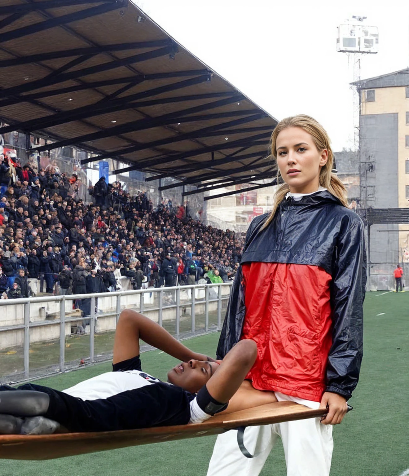 📷, soccer accident, sports injury, soccer match in a crowded stadium, injury scene, there is a sportsman in matte cotton sportswear lying injured on a stretcher, there is an injured sportsman in matte cotton sportswear lying on his side on a stretcher with a bandaged ellbow, an injured sportsman in matte cotton sportswear is lying on his side on a strecher being carried by an extrovert blond woman in a high shine long moncler coat, an injured sportsman is writhing in ecstasy on a stretcher while lying on his side, dramatic pity pose, there is a blond shouting and crying woman in a high-shine puffy coat, a high-shine black down coat, a long black moncler coat, a wetlook down coat, a wet black laquered coat, a excited screaming blond woman is wearing a wetlook black latex-coat, injured, medic, soccer action pose, affection pose, lecherous action pose, dramatic action pose, theatralic pose, there is an attractive woman that is carrying a sportsman in matte cotton sportswear, there is a beautiful woman in a shiny coat who is carrying a man on a stretcher, a longhaired beautiful woman in a high-shine black puffy coat, a longhaired woman in a shiny downcoat, a woman is carrying a shorthaired man in matte cotton sportswear on a stretcher, a weak man in spots shorts is consciousless and needs to be carried, a shorthaired man with a bandaged ellbow is carried away on a stretcher, a woman looks very scared and terrified, a sportsman in matte cotton sportswear is suffering very much on a stretcher, photo, photo shoot, photographed , accident, help, aid, first aid, pity