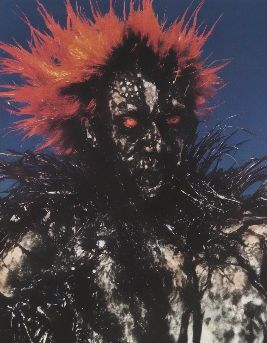 film photography, vintage, fashion shoot of female horror monster, sunrise background