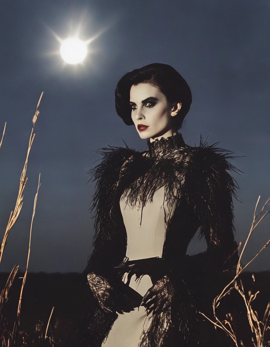 film photography, vintage, fashion shoot of female horror monster, sunrise background