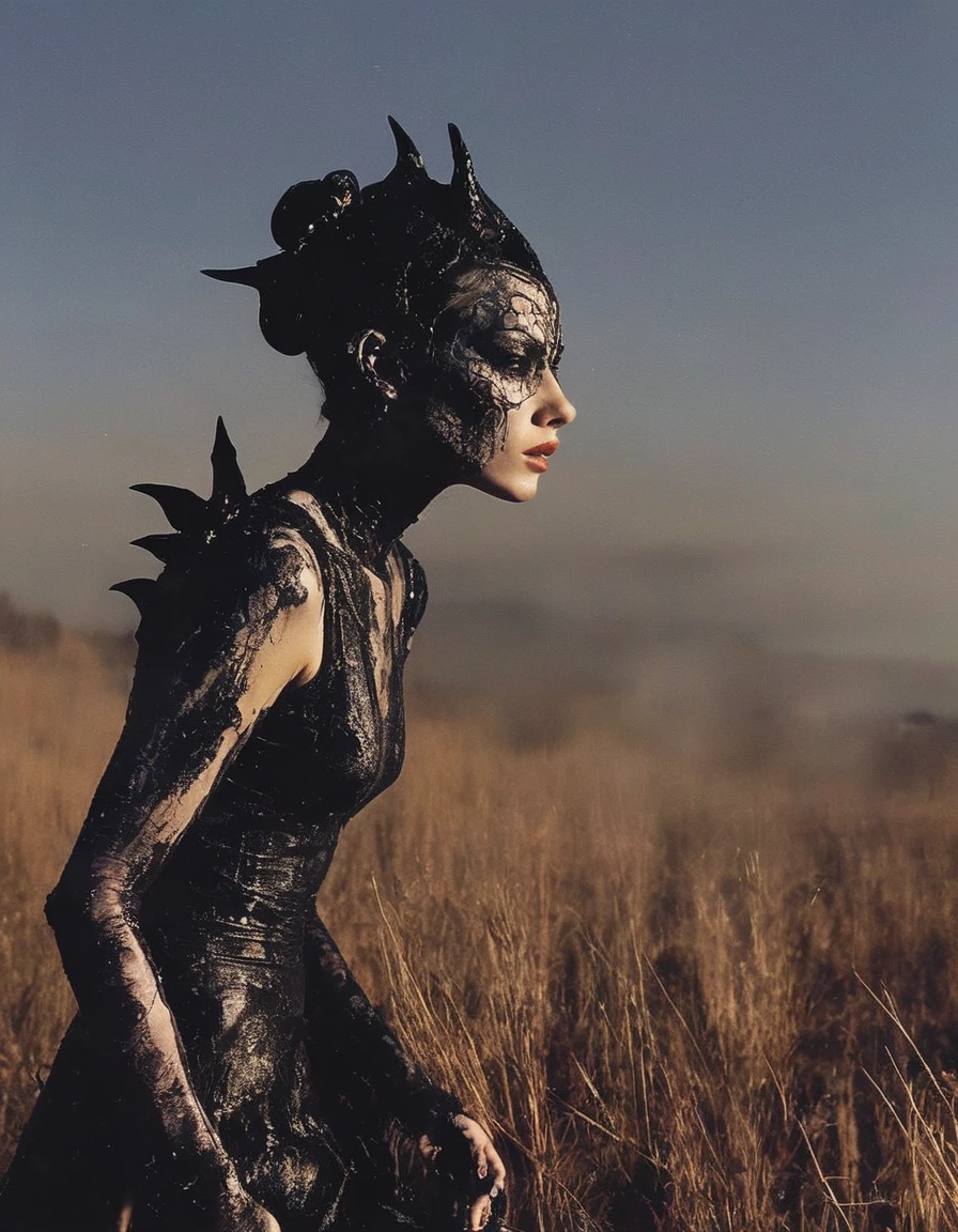 film photography, vintage, fashion shoot of female horror monster, sunrise background