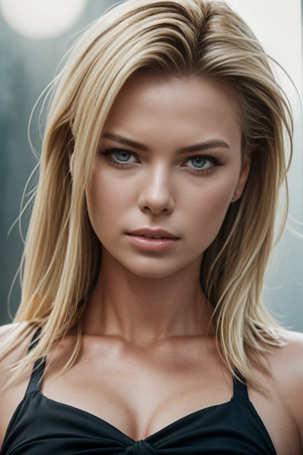 An amazing portrait of a stunning American woman, (40 years old:1.5), tall, voluptuous, hourglass figure, short bob hairstyle, (blonde:1.5), (face of Rebecca Romijn:1.6), dressed in cute ruched halter dress, detailed eyes, detailed hair, stunning facial feature, sweet smile, Perfect eyes, ultra realistic eyes, perfect face, perfect body, cinematographic, color analog film photo, Realistic hair, ((perfect face)), full photo of a sexy beautiful girl, Photograph, photorealistic, Evocative pose, ((Beau)), pose sexy, (Looking at the viewer), germ of art, cinematographic lighting, very high detail, foggy background, photo on Fujifilm Superia 400, Low light, 32K, cinematographic composition, professional calibrations, Film grain, Atmosphere, Wonderful , very stormy. faded film, desaturated, 35mm photo, grainy, vignette, Old, kodacromo, lomography, colored, Very detailed, Images found, Film grain, photography, photoshoot, cinematographic lighting, volumetric lighting, incredibly detailed, hot, sexy, very attractive, super model, (photorealistic:1.3), (of the highest quality:1.3), (Film grain:1.3), (world's best photography:1.3), (professional Photo:1.3), (detailed details:1.3), (cinematographic light:1.3), (cinematographic color:1.3), maximum depth of field, film photography, (intricate details:1), (hyperdetailed:1), heart-shaped pupils.