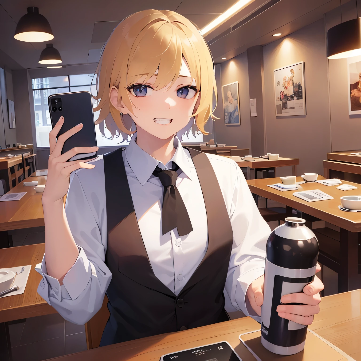 (holding a phone:1.5)、Biologically correct five fingers、upper body、shiny skin、masterpiece、Highest quality、BREAK (25-year-old male:1.5) and (Blonde short hair) and (Brown eyes) and (jitome:1.5) BREAK white collared shirt BREAK 立っている、(grin:1.3), open mouth, The background is the interior of a restaurant at night.、(alone:1.5)、Upper body is shown、