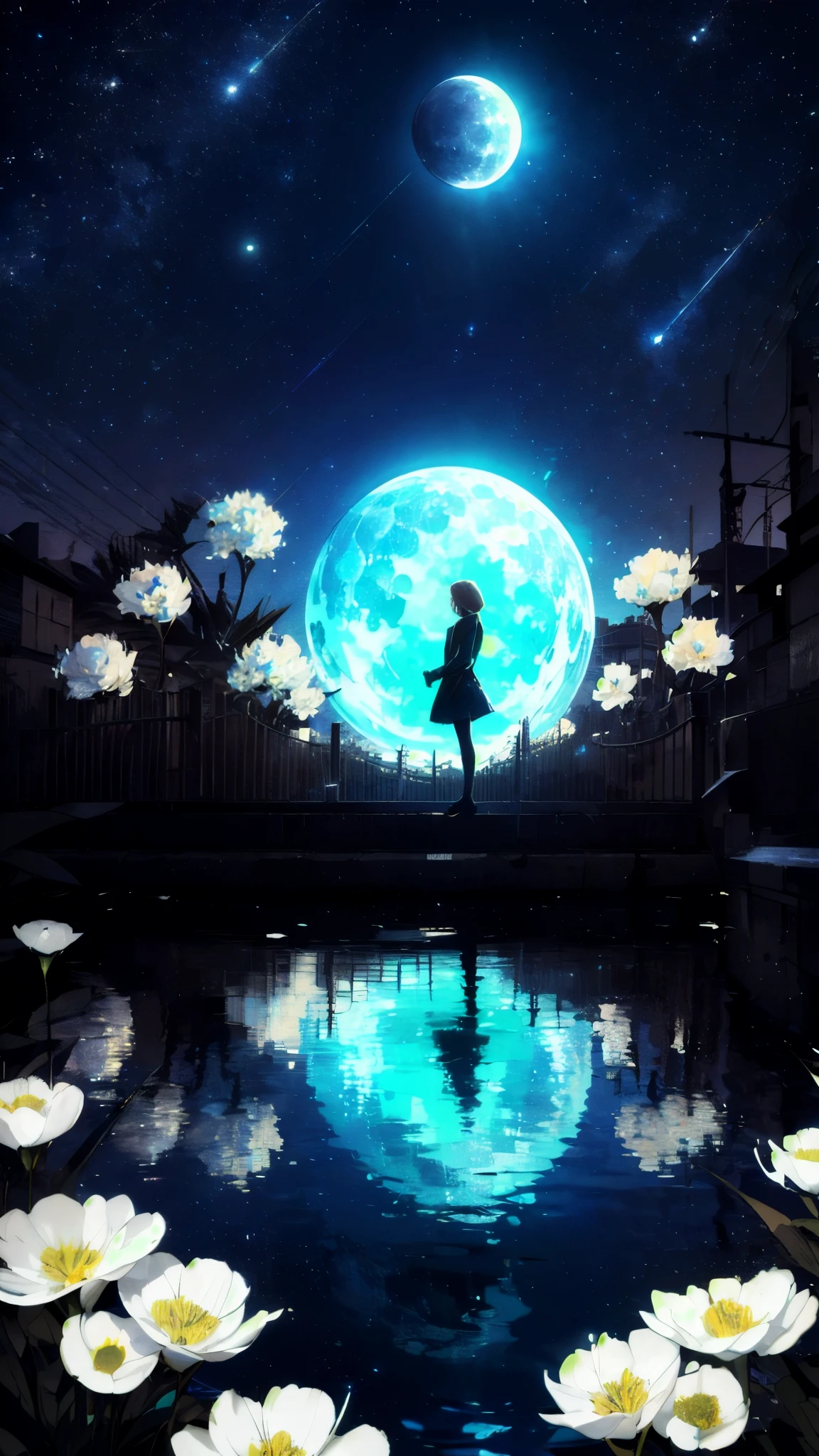 A girl, Solitary, Stand on the water, Reflective surface, , Cat ear, (poster:0.76), (Palm leaves),  White flowers, (Blue light glow:1.2), night, Dark theme, Starry Sky, dream，moonlight