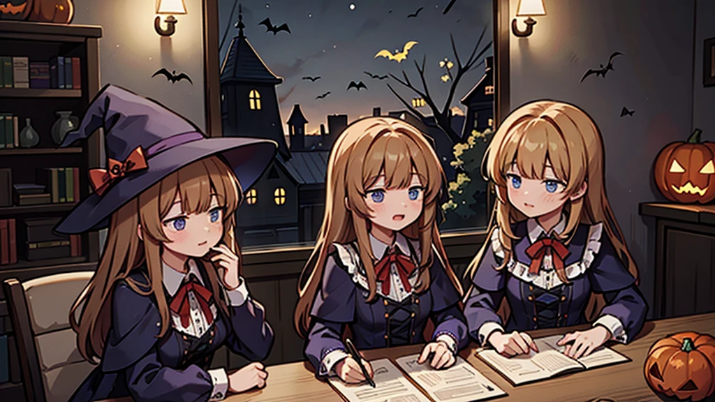 High resolution, Highest quality, Super detailed,masterpiece,The Three Witches,Inside the building,around the table,night,Halloween