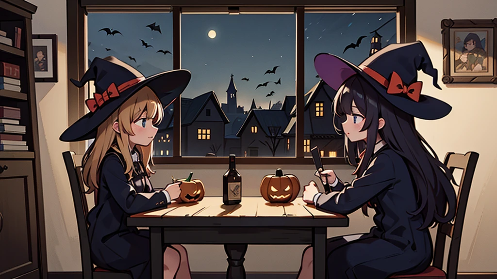 High resolution, Highest quality, Super detailed,masterpiece,The Three Witches,Inside the building,around the table,night,Halloween