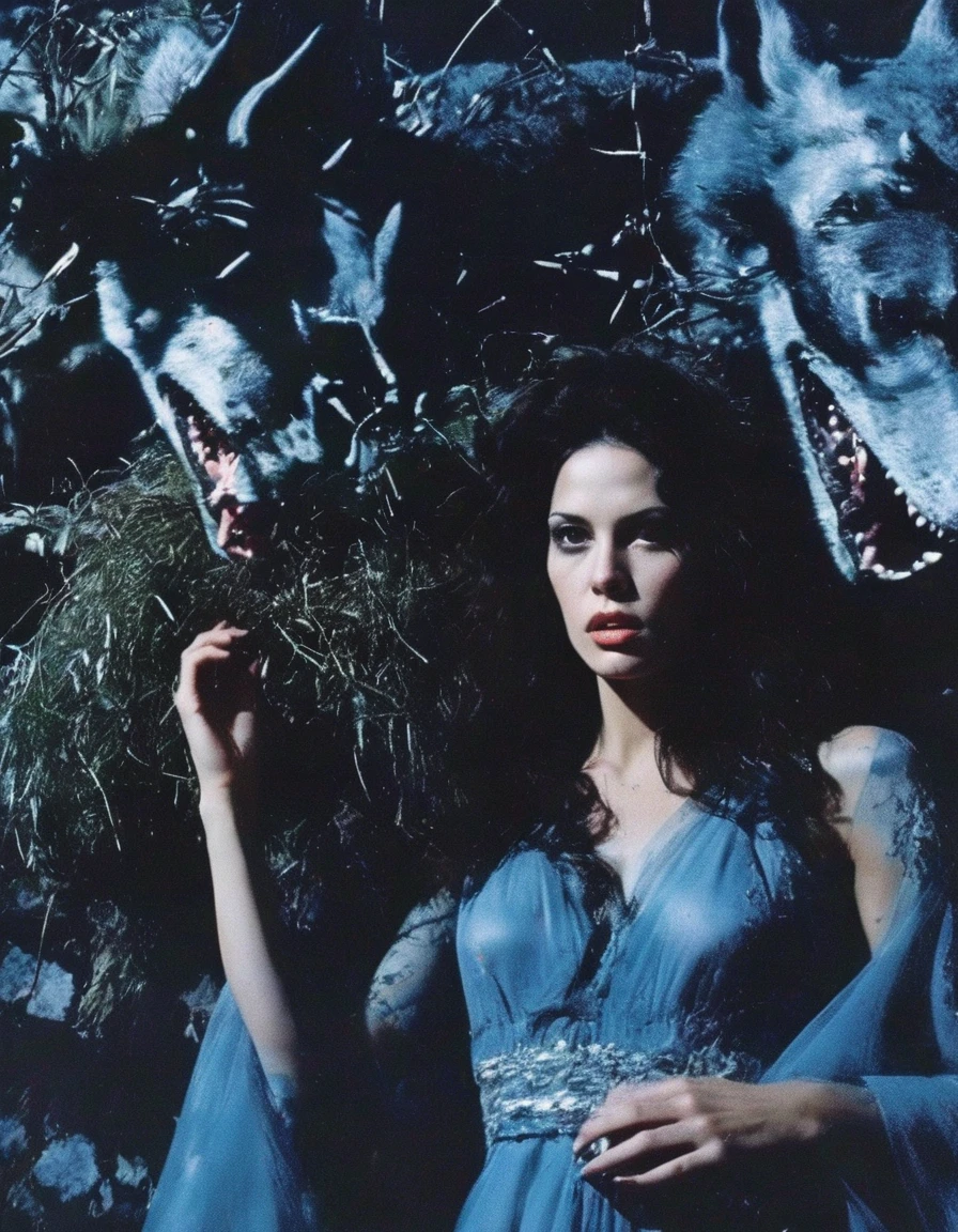 film photography, vintage, fashion shoot of female horror monster, blue night forest background