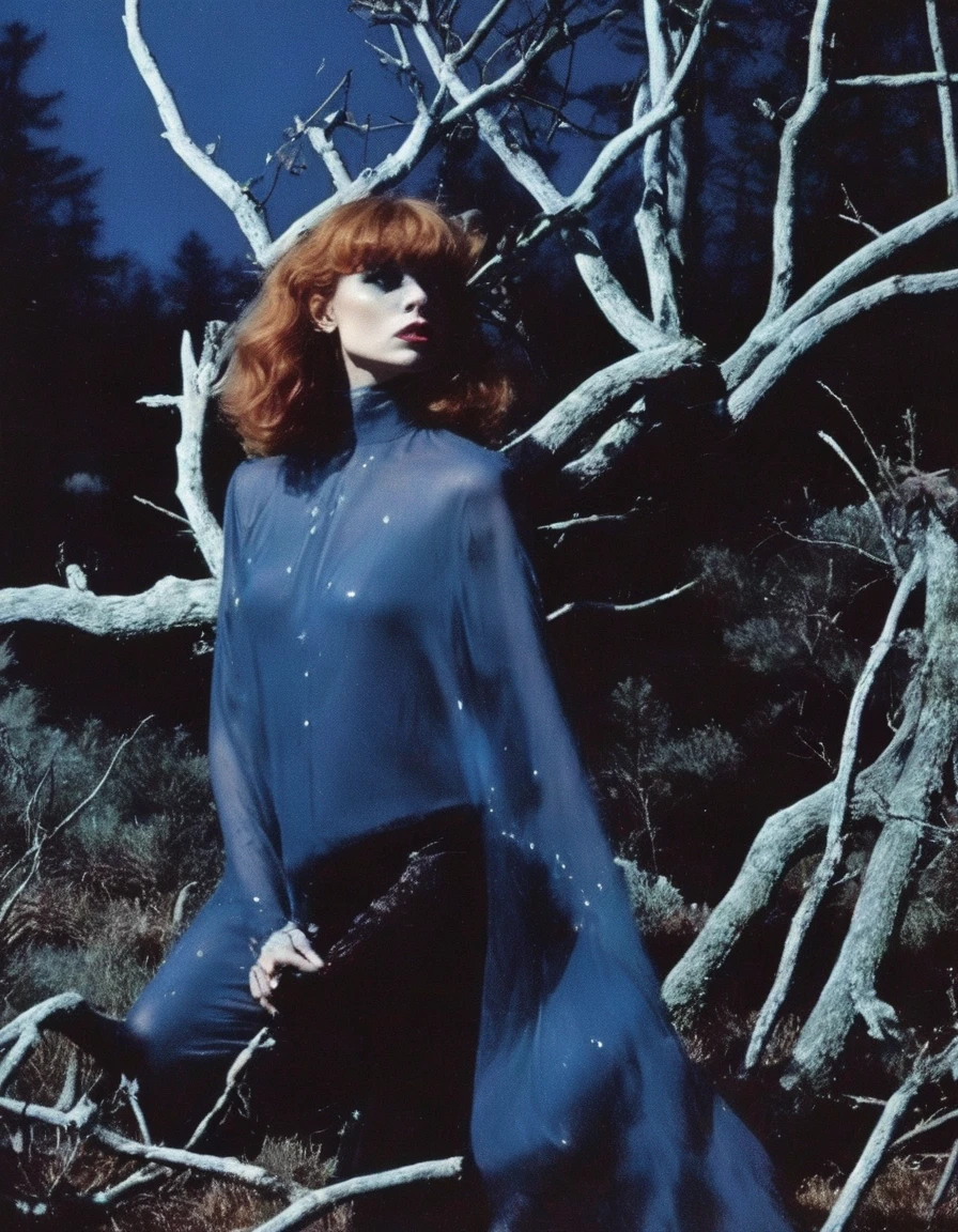 film photography, vintage, fashion shoot of female horror monster, blue night forest background