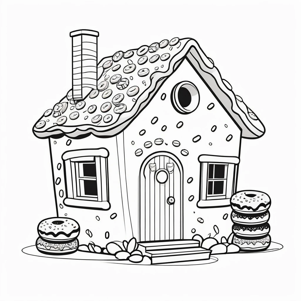 Cute house made from donuts, coloring page for kids, happy, smiling, vector art, minimalistic, vector 2d, black lines white background, coloring page for beginners, vector illustration, pencil strokes, no color, drawing for coloring, white background, pixar style, black and white