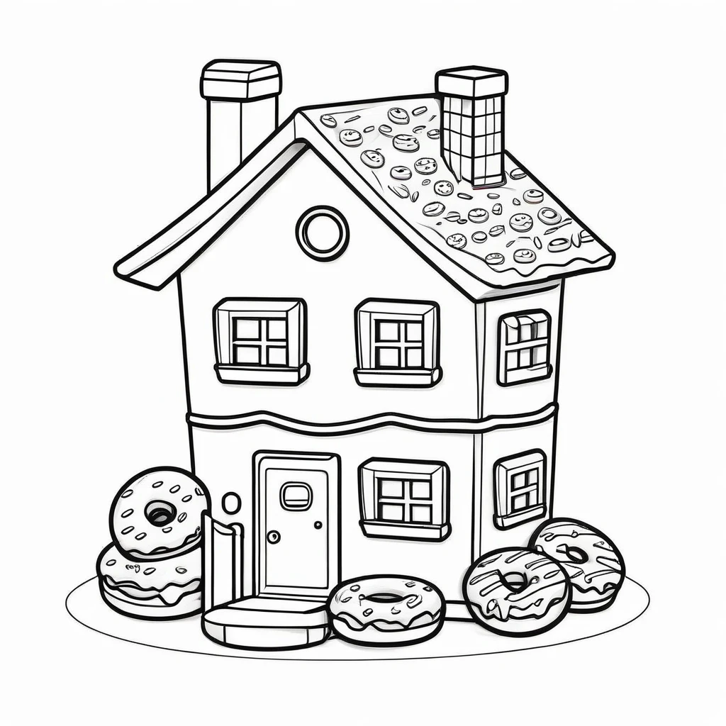 Cute house made from donuts, coloring page for kids, happy, smiling, vector art, minimalistic, vector 2d, black lines white background, coloring page for beginners, vector illustration, pencil strokes, no color, drawing for coloring, white background, pixar style, black and white