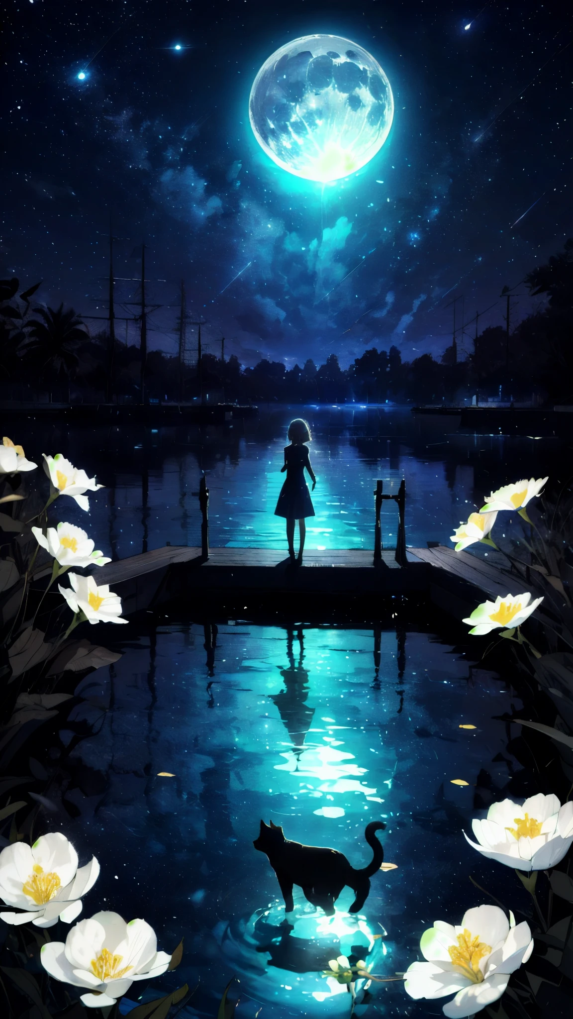 A girl, Solitary, Stand on the water, Reflective surface, , Cat ear, (poster:0.76), (Palm leaves), White flowers, (Blue light glow:1.2), night, Dark theme, Starry Sky, dream,moonlight