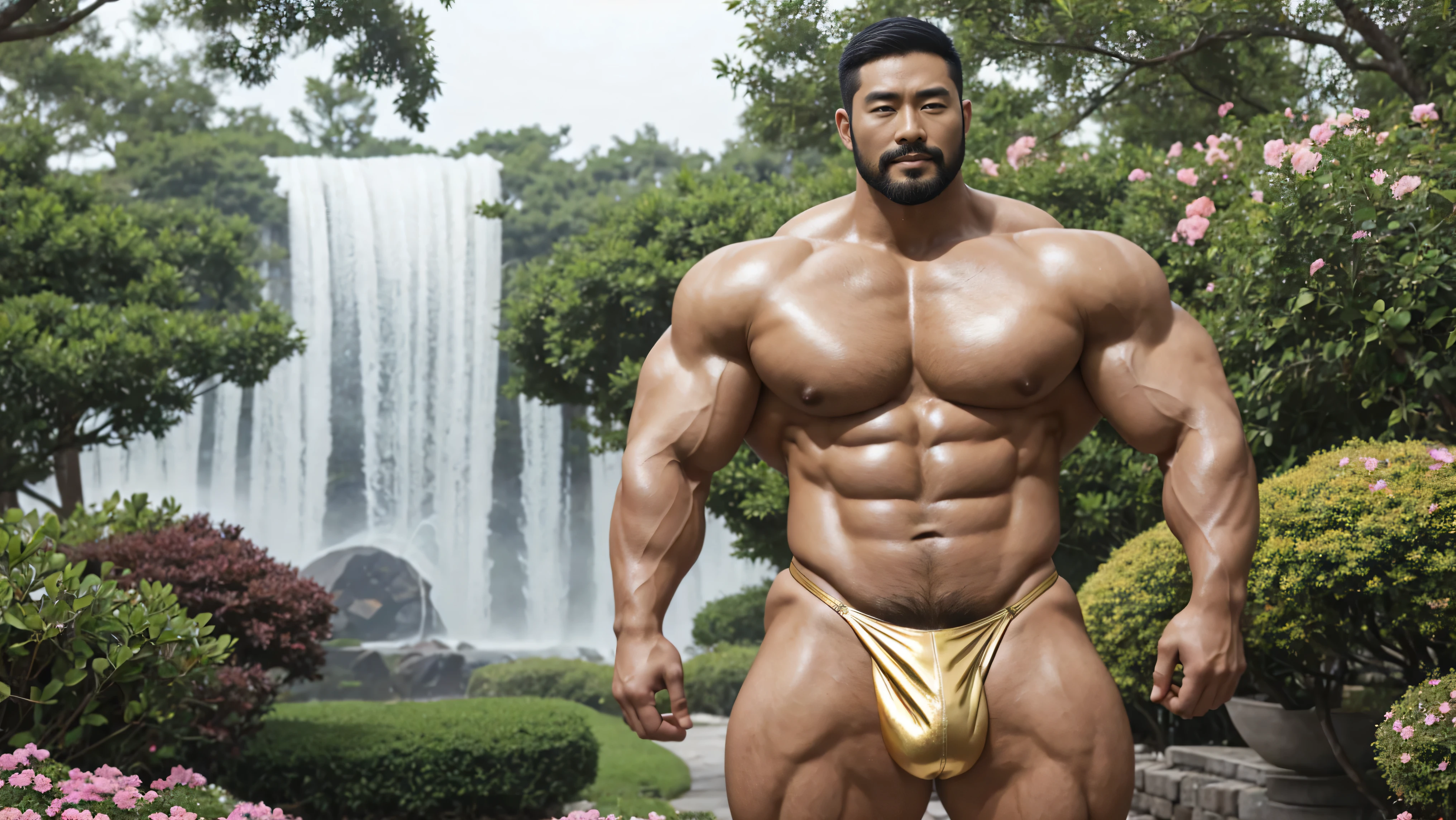 There is only one handsome Asian actor in the picture,30 years old,Tall and handsome, Toned body,short hair, O-Shaped Beard,Perfect body, Dark skin,Glowing skin,Smooth skin,The body is hairless,Muscle bulge, Muscular, Very large pectoral muscles,Very sexy abdominal muscles,Very well-developed leg muscles,Huge concave and convex area,Brightens oily skin,Wearing a gold leather shiny thong,Handsome face, Correct and accurate male body proportions, Stand among the flowers。