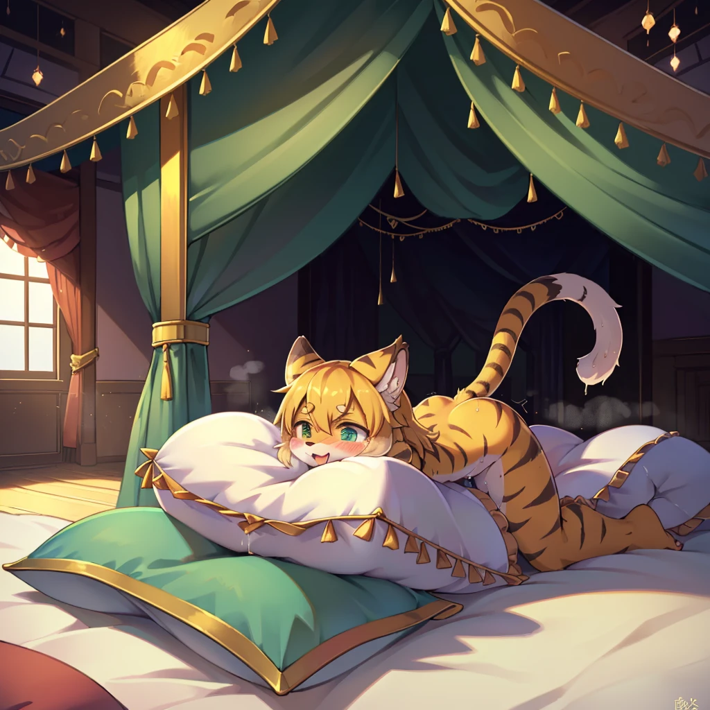 （masterpiece，best quality），my own, The Beast, , (适合任何Pillow背景的光影））, 穿着pajamas可爱女孩在Pillow上摆姿势 ，pajamas，Nature,, (blush),a smile，Pillow头,（很多Pillow），Soft cushion，（canopy bed），Soft pillow quotation，（Pillow损坏），很多Pillow，（Crotch rubbing），（（Pillow驼峰）），（Pillow），（A tail），，（粉色Pillow），（Love around the protagonist），Steam，（Pillow头），（），（豪华Pillow），（Pillow），（palace），（Palace bedroom），（Pillow），柔软的Pillow，，（Classical European style bedroom ），（excited，shy person，Lack of expressiveness，），，pillow humping,my,tiger tail,tiger ears,Tiger pattern，，Sweat，，Sweaty，Body swing，身体Shaking lines，Shaking lines，best quality, masterpiece, ((Maximum resolution)), artwork, ，,,(Interior of the palace),(In the bedroom at night),(Deluxe Rococo Canopy King Bed),On a big and spacious bed,(the 女孩 is lying on the bed),Before bedtime,,,Luxurious curtains with ornate ruffles and ribbons surround the bed,((((There are many pillows piled on the bed)))),Detail of Quilt,Detailed bed sheets,Ruffled Bed Skirt,Deep Bed,Background with depth,pajamas , ((((大量的Pillow))))，peeing，squatting，water,Urine,Shaking lines，wetting pillows,Flowing liquid，Violent body shaking，剧烈Shaking lines，详细的软Pillow,,（女孩正躺在许多柔软的Pillow上,周围有许多Pillow），(Pillow上有液体），Sweat，saliva，Splashing urine，Pillow上和床上有水迹,ArIn,Tongue